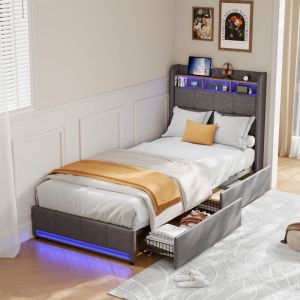 FOERPL-Lit Simple 90x200 cm avec LED et USB, Lit Coffre 90x200 avec 2 Tiroirs, Cadre de Lit Capitonn&eacute;e avec Sommier &agrave; Lattes, Tete de Lits Rembourr&eacute;