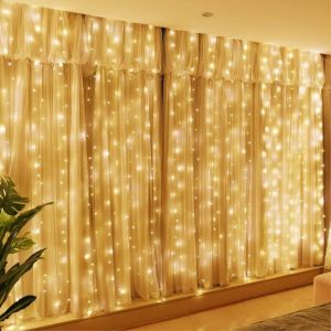 Rideaux lumineux 300 LED avec prise USB, 8 modes d'éclairage suspendus avec télécommande pour chambre à coucher, mariages, fêtes, décorations (9,8 x