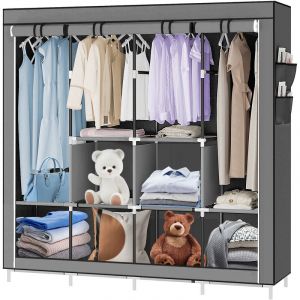 Armoire de Rangement Armoire en Tissu Intiss&eacute; Penderie pour V&ecirc;tement Fermeture &agrave; Glissi&egrave;re 4 Barres pour Chambre Gris