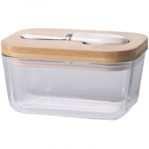 Beurrier en verre avec couvercle en bambou et couteau, fermeture herm&eacute;tique pour une fra&icirc;cheur optimale, grand beurrier pour beurre des c&ocirc;tes est et