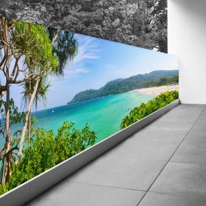 Lumaléa - Brise vue Trompe l'oeil - 130x390 cm - Vue sur la plage - Recto Imprimé / Verso BlancBâche Pleine - 100% d'occultation