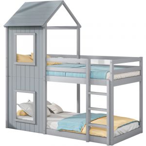 Lit superposé 90 x 200 cm cm, lit enfant, lit cabane pour filles et garçons, avec échelle et baldaquin, du sol au plafond,gris