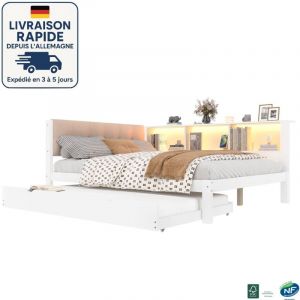 MODFU - Canapé-lit LED 140x200/90x190cm avec lit gigogne, lit adulte, tête de lit capitonnée, 3 étagères, sans matelas, pin, blanc
