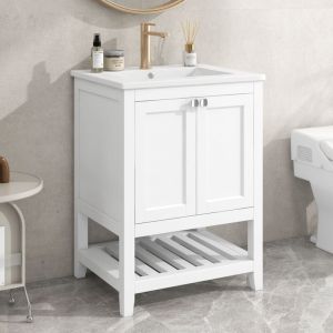 Meuble de salle de bain vasque simple avec meuble bas 60cm avec vasque en céramique, blanc