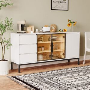 Buffet 3 tiroirs 2 portes avec plan de travail, meuble de rangement en panneau de particules, blanc pour cuisine et salle &agrave; manger, 160&times;40&times;80 cm