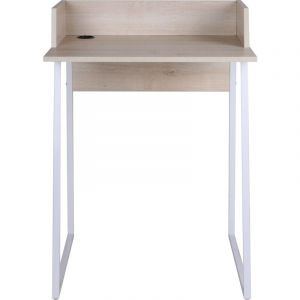 Bureau droit en m&eacute;lamine ch&ecirc;ne clair et m&eacute;tal blanc &ndash; Dimensions 60x48cm &ndash; Orifice pour c&acirc;bles &ndash; Style scandinave &eacute;l&eacute;gant &ndash; Herdasa