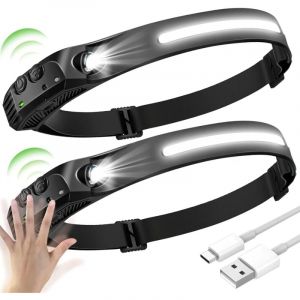 2PCS LED Lampe Frontale 230 Degres, LED Frontale COB+XPE 5 Modèles, LED Lampe Frontal à Capteur, 230 Lampe Frontale à LED Etanches USB Rechargeables,