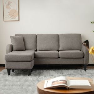 Modfu - Canapé d'angle 166x118x77cm avec poches latérales, 3 places, pieds en plastique, moderne, lin, gris foncé antique