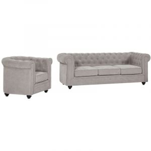 Canap&eacute; 3 places et fauteuil en tissu gris CHESTERFIELD