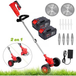 Débroussailleuse sans Fil 3 en 1 avec 2 Batteries 4.0A , Coupe-Bordure 90° Régler avec Roue de Guidage pour Coupe de Jardin, Pelouse - Rouge