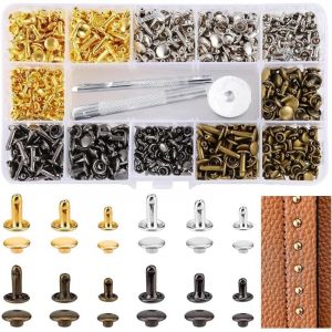 360 Ensemble Rivets en Cuir 3 Tailles Rivets pour Cuir Double Rivet Goujons Tubulaires en M&eacute;tal avec 3 Pi&egrave;ces Outil de Fixation Rivet Cuir pour