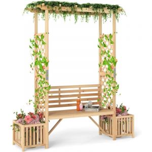 GOPLUS Arche de Jardin avec Banc & 2 Bacs Jardini&egrave;res, Treillis en Bois pour Plantes Grimpantes & Vignes, Pergola Ext&eacute;rieure pour 2 Personnes,
