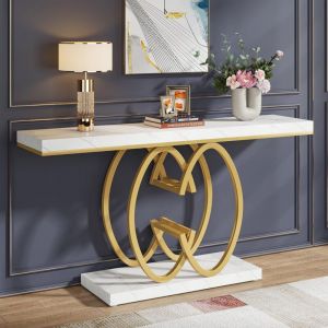 Tribesigns - Table Console dorée de 140 cm, Table d'entrée Moderne avec Pieds en métal doré en Forme de Double c, Imitation marbre Blanc, Table