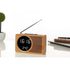 Alovez - Radio de chevet r&eacute;tro en bois r&eacute;veil paresseux muet r&eacute;veil cadeau cr&eacute;atif horloge &eacute;lectronique 16.5 4.5 9 cm miroir en bambou v&eacute;ritable