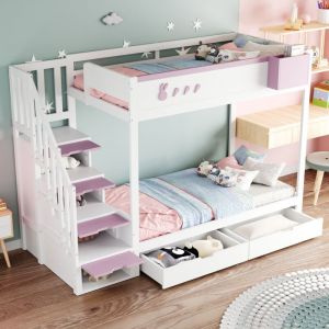 Lit superposé enfant 2 places 90x200 cm avec 2 tiroirs, échelle de rangement, sommier 2 lattes, coffre de rangement amovible, sans matelas, pin, rose