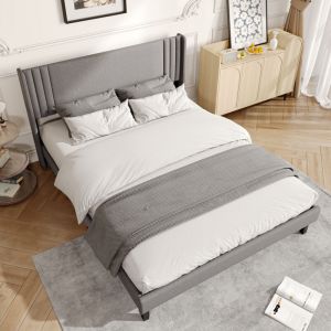 BSMGSGN-Lit de rangement gris 140x200 cm avec sommier &agrave; lattes, lit double adulte avec rangement sous le lit, t&ecirc;te de lit capitonn&eacute;e en lin,