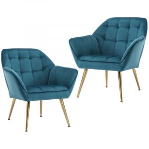 Wahson Fauteuil relax en Velours, Fauteuil Salon Moderne Lot de 2 Fauteuil Scandinave avec Pied Dor&eacute; Fauteul Rembourr&eacute; pour Chambre, Bleu