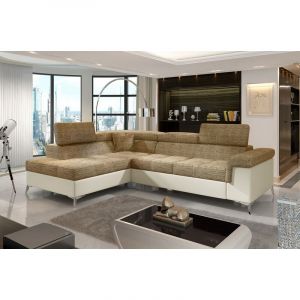 Venesetti - Canap&eacute; d'angle convertible - erman - en tissu et simili 5 places, marron et &eacute;cru, angle gauche (vu de face) - Marron / Ecru