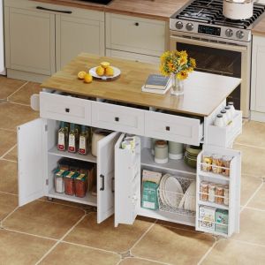 Desserte de cuisine 140 cm, Îlot central de cuisine avec 5 roulettes avec frein, 3 tiroirs et 4 portes, plateau en bois, plan de travail rabattable