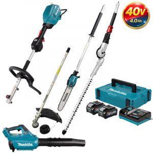 MAKITA Pack Outil Multifonctions 40V UX01G + Coupe-herbe + Perche &eacute;lagueuse + Taille-haies + Souffleur + 2 batt 4Ah + Coffret