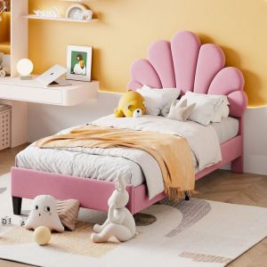 Lit enfant 90x200 rose - T&ecirc;te de lit fleur capitonn&eacute;e velours, sommier &agrave; lattes inclus, pour fille et adolescente (sans Matelas)
