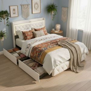 Lit avec rangement 140x190 cm en velours beige, avec 4 tiroirs, sommier &agrave; lattes en bois, t&ecirc;te de lit avec &eacute;clairage LED, port USB et d&eacute;corations