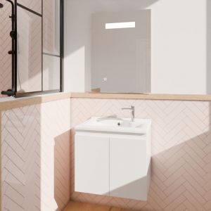 Meuble proline 60 cm avec plan vasque et miroir Elégance ht80- Blanc- Plan vasque en Résine