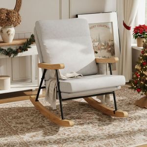 Fauteuil Rocking Chair, fauteuil d'allaitement - Chaise à Bascule - avec pieds en bois et structure noire - Tissu Lin, Gris