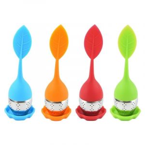 Inoxydable Infuseur à thé avec couvercle Passoire en silicone Feuille verte-4 pièce