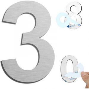 Argent (3) Num&eacute;ro de maison ext&eacute;rieur moderne bross&eacute;e，75mm Num&eacute;ro de porte autocollant en acier inoxydable，Plaque de num&eacute;ro de maison et Num&eacute;ro de Boi