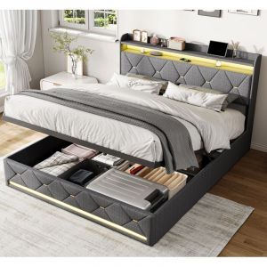 Lit Coffre Double 160x200 cm en Tissu Lin avec Sommier, Lit Adulte avec Rangement Hydraulique, T&ecirc;te de Lit Capitonn&eacute;e avec &Eacute;clairage LED, &Eacute;tag&egrave;res et