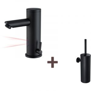 Auralum - Robinet de lavabo infrarouge Noir entièrement automatique+Brosse Toilettes wc Suspendu avec Support de Brosse, Acier INOX,Noir
