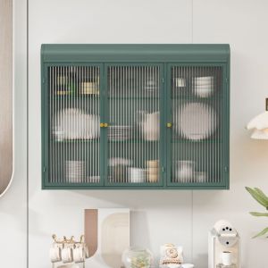 Eifson - Armoire murale 90x20x70 cm, Armoire de cuisine, 3 portes vitrées, étagère de rangement 3 niveaux, Armoire murale de salle de bain - Vert