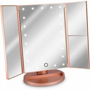 Miroir Lumineux led 3 Faces à Poser - Miroir Maquillage Triptyque Pliable sur Pied avec Effet Grossissant x2 x3 - Pile ou usb - Rose doré