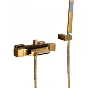Robinet de baignoire mural &agrave; effet cascade, m&eacute;langeur pour baignoire avec douche &agrave; main, robinet mural avec t&ecirc;te de douche cascade, chaud & froid (Or)