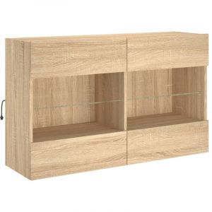 Meuble TV multim&eacute;dia &eacute;tag&egrave;re t&eacute;l&eacute;vision buffet t&eacute;l&eacute;viseur salle &agrave; manger salon chambre mural avec lumi&egrave;res LED ch&ecirc;ne sonoma 98,5 x 30 x 60,5 cm brun