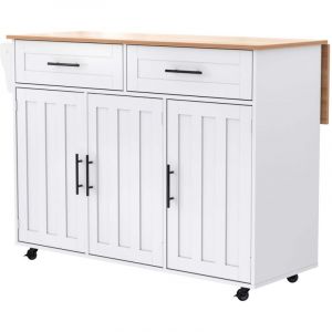 Chariot de cuisine avec plan de travail rabattable, extensible &agrave; 120&times;65 cm, avec 5 tiroirs, placards, porte-&eacute;pices et porte-serviettes, sur roulettes