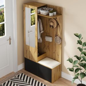 porte manteau sur pied avec &eacute;tag&egrave;re et miroir, armoire d&rsquo;entr&eacute;e 2-en-1 avec meuble &agrave; chaussures et 5 crochets, MDF, Naturelle+Noir