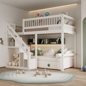 Lit superpos&eacute; 90 x 200,lit mezzanine 2 places,lit mezzanine enfant avec armoire int&eacute;gr&eacute;e,&eacute;tag&egrave;re de rangement,cadre de lit en pin massif,lit ado,blanc