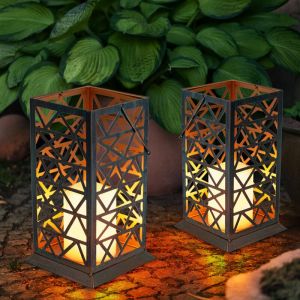 Lanterne solaire effet feu bougie led lampe solaire lampe solaire lampe ext&eacute;rieure, m&eacute;tal rouille vert, LxlxH 14x14x37 cm, lot de 2