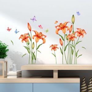 Sollbry Stickers Muraux Fleurs Papillon Autocollant Mural Fleur Rouge Sticker Muraux Fleurs Plantes Décoration Murale pour Salons Chambres Adulte