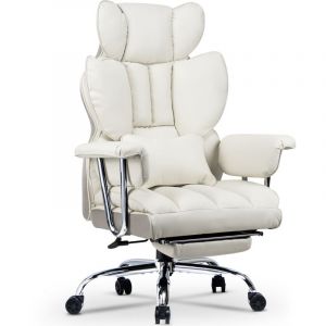 Chaise de bureau en cuir, dossier haut réglable, ergonomique, soutien lombaire, accoudoirs et repose-pieds rembourrés (blanc)