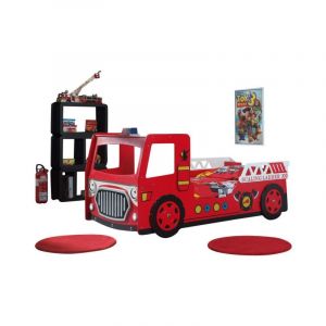 Paris Prix - Pack - Lit Enfant & Matelas 'Camion de Pompier' 90x200cm Rouge