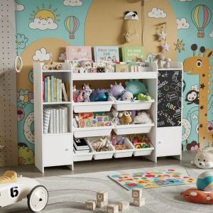 Meuble de Rangement Enfant XXL - Bibliothèque & Organisateur de Jouets avec 8 Bacs Amovibles - Tableau Noir Intégré - Étagère Chambre Enfant