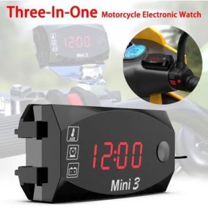 GE00611-3 in 1 Num&eacute;rique Horloge Moto Thermom&egrave;tre Voltmetre Guidon Mount IP67 &Eacute;tanche Montre Moto avec Affichage Grand &Eacute;cran, 12v