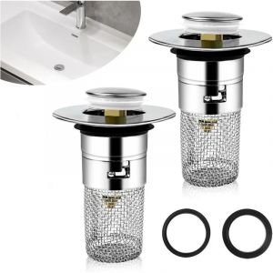 Basetbl - 2pcs Bonde de lavabo, Bonde Lavabo avec Filtre Amovible 33-40mm, Bouchon Lavabo Salle de Bain Universel Pop Up, Filtre De Drainage De Sol
