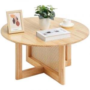 VEVOR Table basse en rotin , table basse ronde en rotin tresse avec plateau en bois dehevea, table basse de rangement circulaire boheme moderne de 33