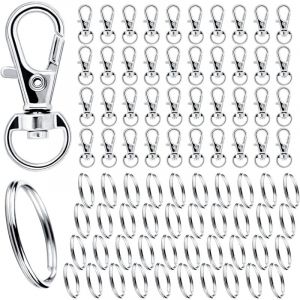Argent Mousqueton Porte Clef M&eacute;tal 40 Pi&egrave;ces Anneaux, Attache Porte Cl&eacute;, Fermoir Mousqueton, Pivotant Keychain, Crochet Porte Clef pour Bijoux Gadget