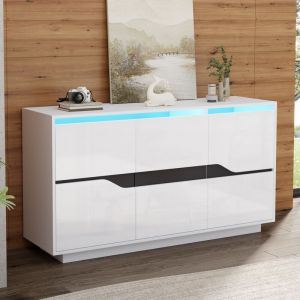 Buffet de salon Brillant Blanc et Noir avec LED,3 Portes,Commode &Eacute;tag&egrave;res r&eacute;glables,Sans poign&eacute;es,Meuble d'appoint de canap&eacute;,140x40x76cm