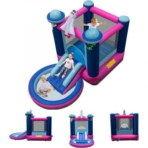 GOPLUS Château Gonflable Astre Vaisseau Spatial, Aire de Jeux Aquatique Gonflable avec Zone de Saut, Toboggan Piscine pour 3 Enfants de 3 a 10 Ans,